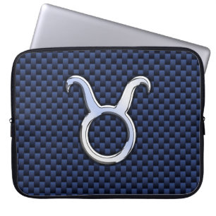 Taurus Zodiac Sign on Navy Blue Carbon Fibre Print Laptop Sleeve