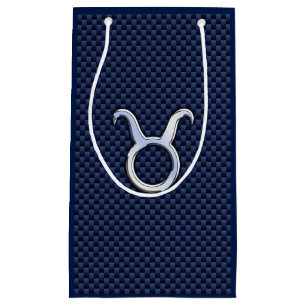 Taurus Zodiac Sign on Navy Blue Carbon Fibre Style Small Gift Bag