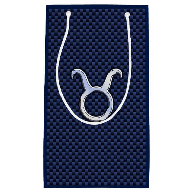 Taurus Zodiac Sign on Navy Blue Carbon Fibre Style Small Gift Bag (Front)