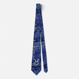 Taurus Zodiac Sign on Navy Blue Digital Camo Tie