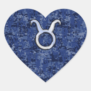 Taurus Zodiac Sign on Navy Blue Digital Camouflage Heart Sticker