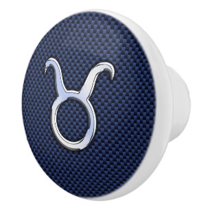 Taurus Zodiac Sign on Navy Carbon Fibre Print Ceramic Knob