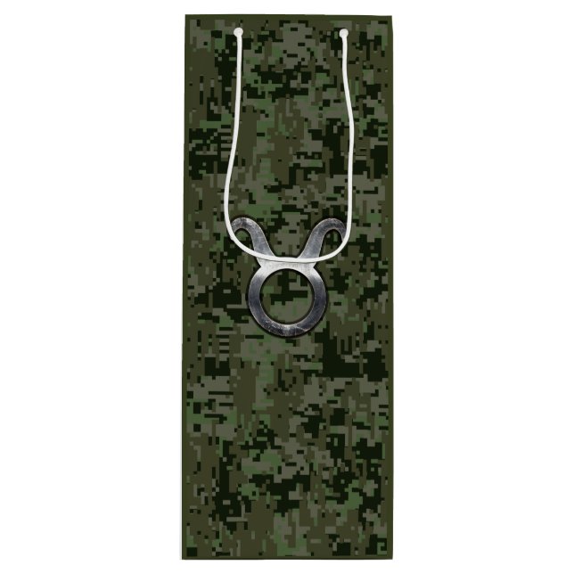 Taurus Zodiac Sign on Woodland Digital Camouflage Wine Gift Bag (Front)