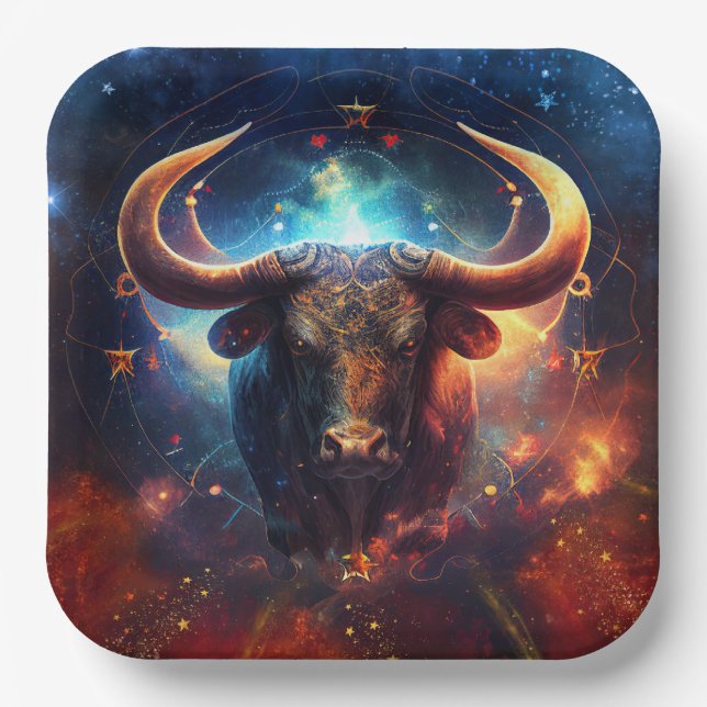 Taurus Zodiac Sign Watercolor Design Paper Plate (Front)
