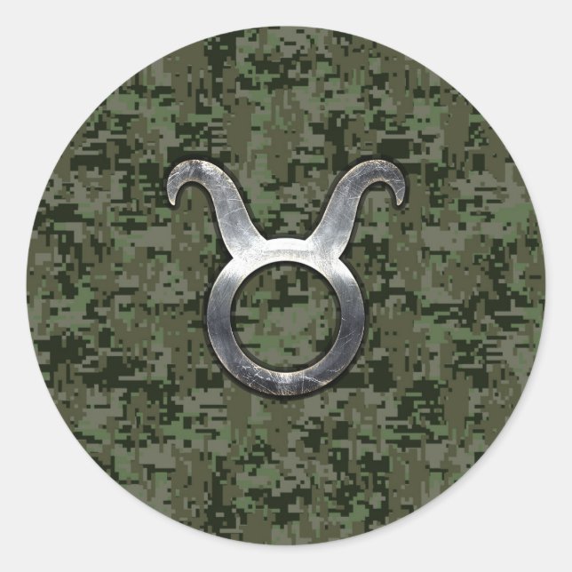 Taurus Zodiac Symbol on Green Digital Camo Classic Round Sticker (Front)
