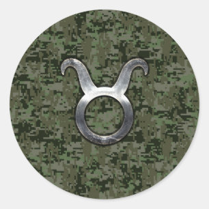 Taurus Zodiac Symbol on Green Digital Camo Classic Round Sticker