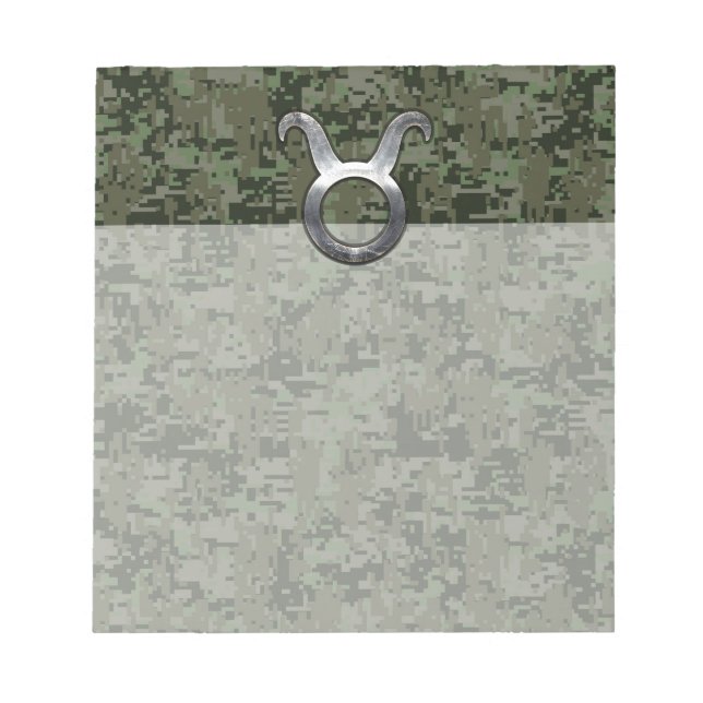 Taurus Zodiac Symbol on Green Digital Camo Notepad (Front)