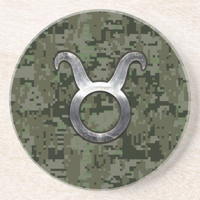 Taurus Zodiac Symbol on Green Digital Camouflage Coaster (Front)