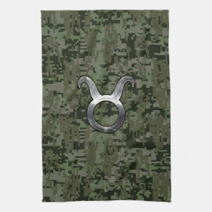 Taurus Zodiac Symbol on Green Digital Camouflage Tea Towel