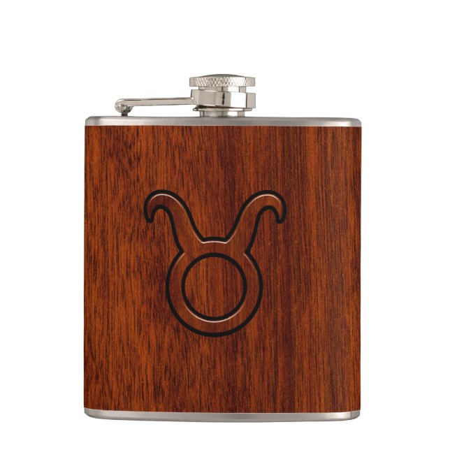 Taurus Zodiac Symbol on Mahogany Decor Hip Flask (Front)