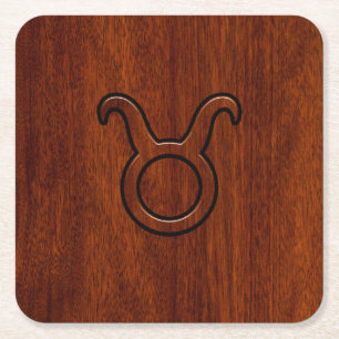 Taurus Zodiac Symbol on Mahogany Decor Square Paper Coaster