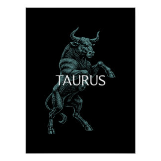 Taurus Zodiac – Vintage Bull in Teal on Black Poster
