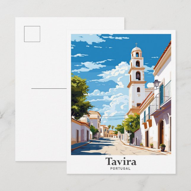 Tavira Portugal Art Vintage Travel Illustration Postcard (Front/Back)