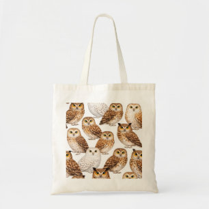 Tawny and Snowy Owl Watercolor Pattern Tote Bag