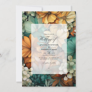 Tawny Brown and Pine Green Floral Fall Wedding Invitation