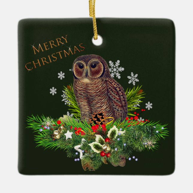 Tawny Christmas Owl with Holiday Greenery  Ceramic Ornament (Front)