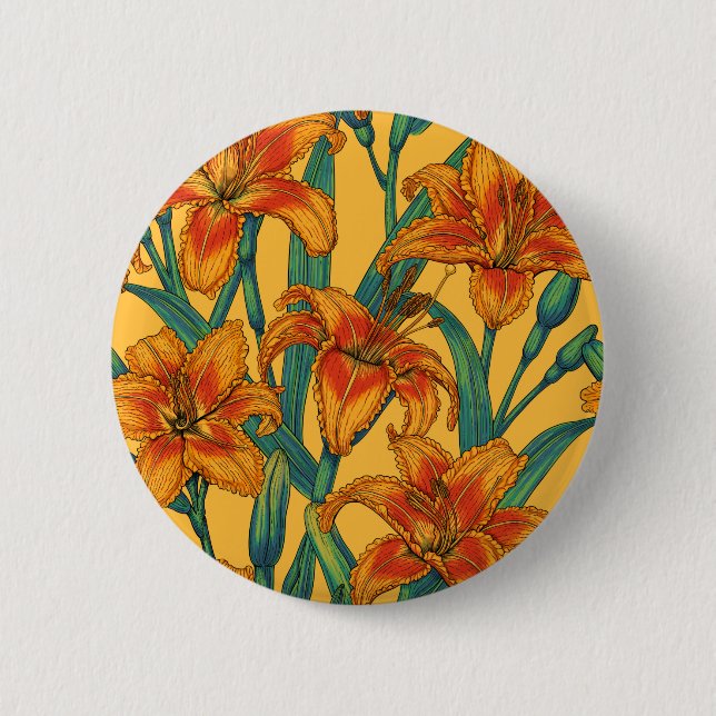 Tawny daylily flowers, blue and yellow 6 cm round badge (Front)