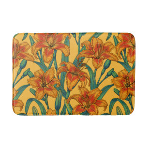 Tawny daylily flowers, blue and yellow bath mat