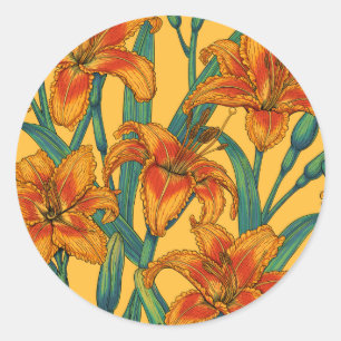 Tawny daylily flowers, blue and yellow classic round sticker