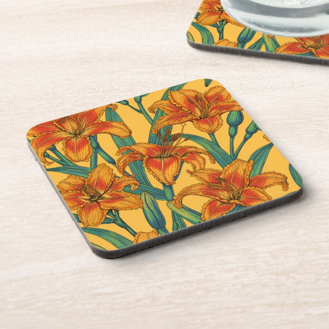Tawny daylily flowers, blue and yellow coaster (Left Side)