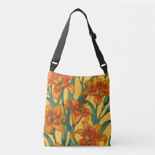 Tawny daylily flowers, blue and yellow crossbody bag