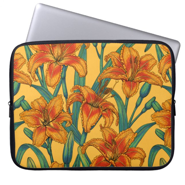 Tawny daylily flowers, blue and yellow laptop sleeve (Front)