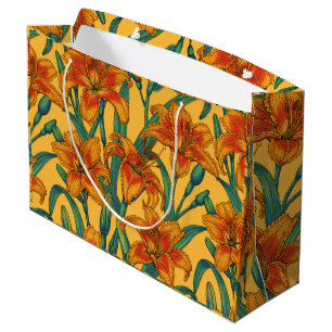 Tawny daylily flowers, blue and yellow large gift bag