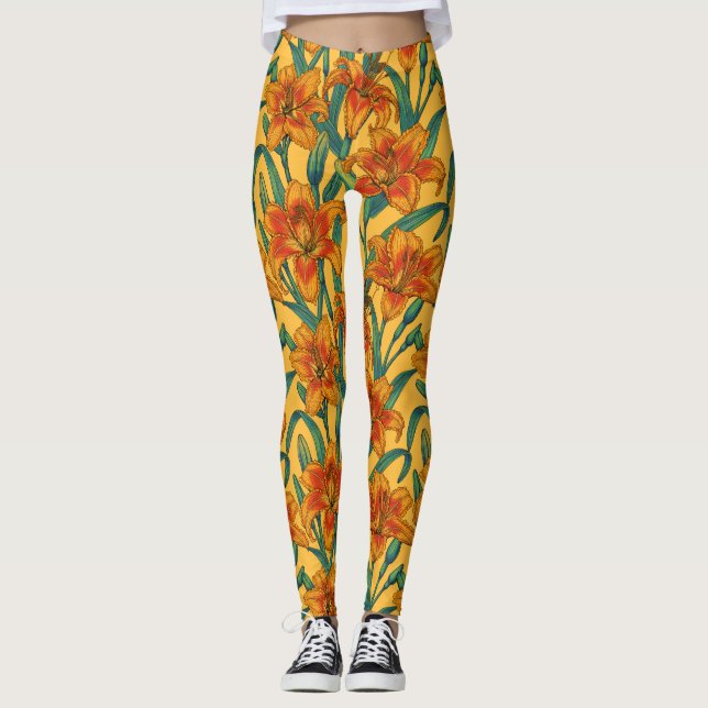 Tawny daylily flowers, blue and yellow leggings (Front)