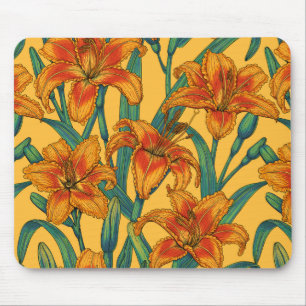 Tawny daylily flowers, blue and yellow mouse mat