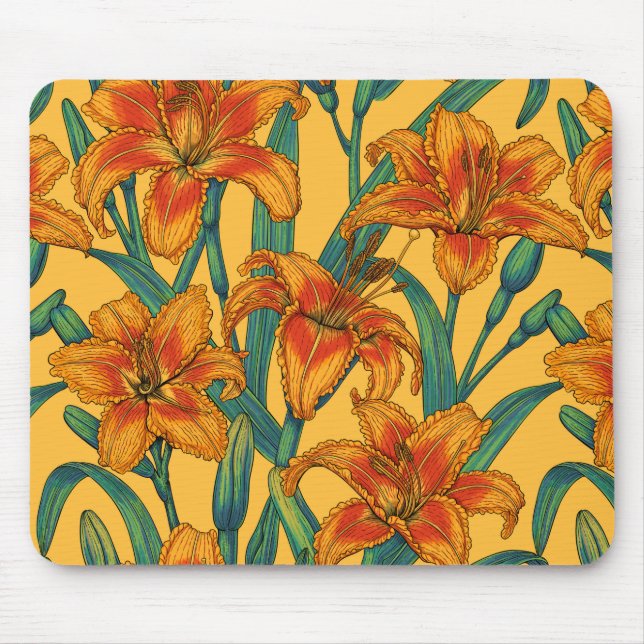 Tawny daylily flowers, blue and yellow mouse mat (Front)