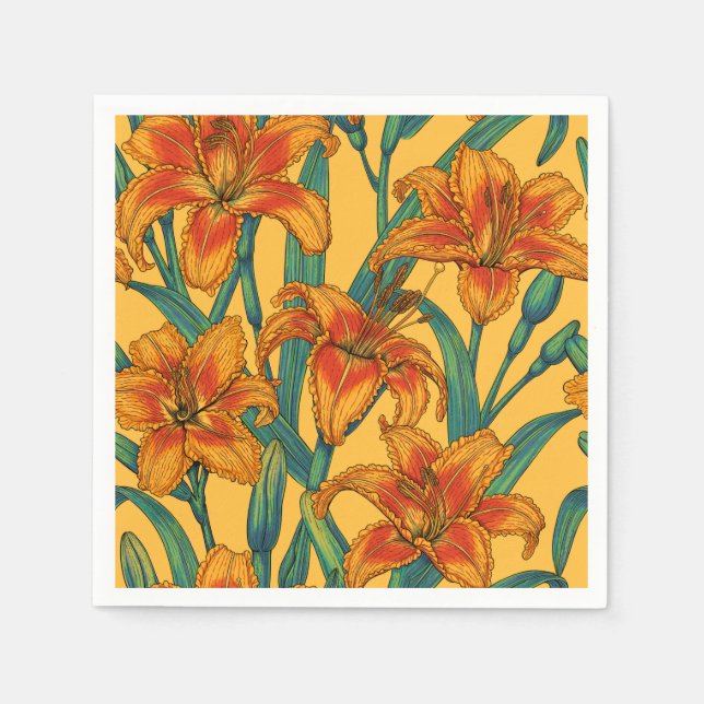 Tawny daylily flowers, blue and yellow napkin (Front)
