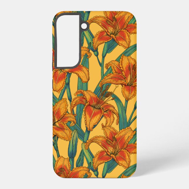 Tawny daylily flowers, blue and yellow samsung galaxy s22+ case (Back)