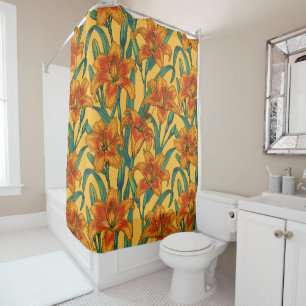 Tawny daylily flowers, blue and yellow shower curtain