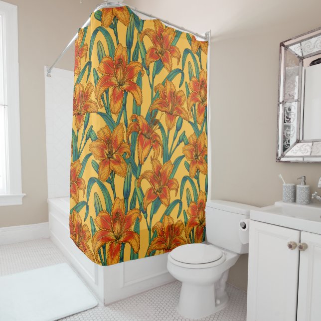 Tawny daylily flowers, blue and yellow shower curtain (In Situ)