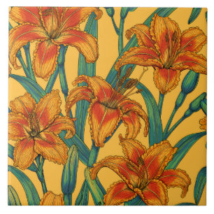 Tawny daylily flowers, blue and yellow tile