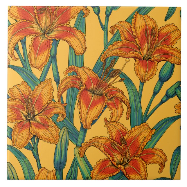 Tawny daylily flowers, blue and yellow tile (Front)