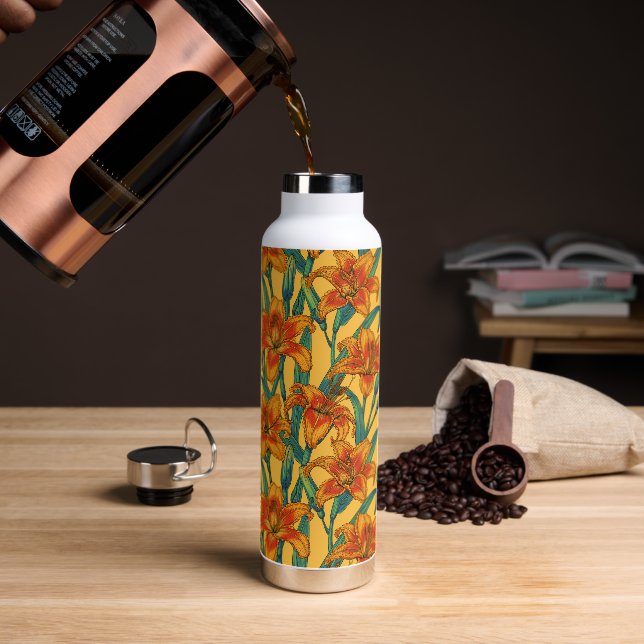 Tawny daylily flowers, blue and yellow water bottle (Coffee)