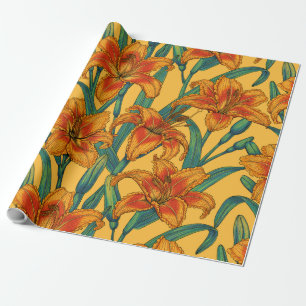 Tawny daylily flowers, blue and yellow wrapping paper