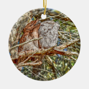 TAWNY FROGMOUTHS QUEENSLAND AUSTRALIA ART EFFECTS CERAMIC TREE DECORATION