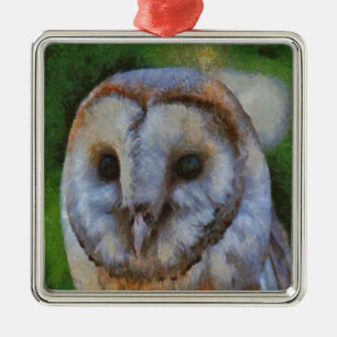 Tawny Owl In Pointillism Art Metal Tree Decoration
