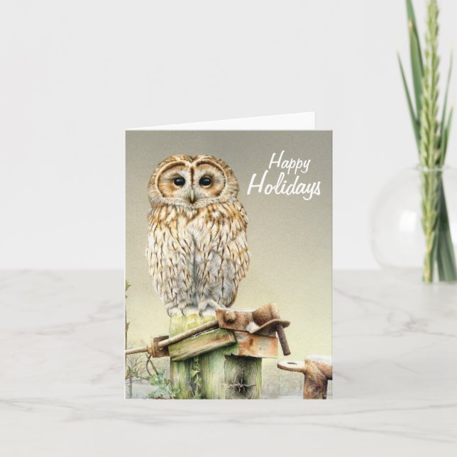 Tawny Owl in the snow fine art Christmas card (Front)