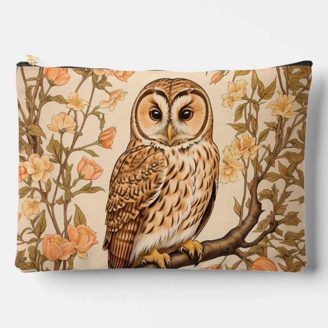 Tawny Owl Peach Blossoms William Morris Inspired Accessory Pouch (Front)
