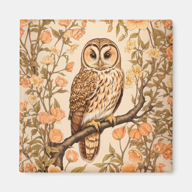 Tawny Owl Peach Blossoms William Morris Inspired Magnet (Front)