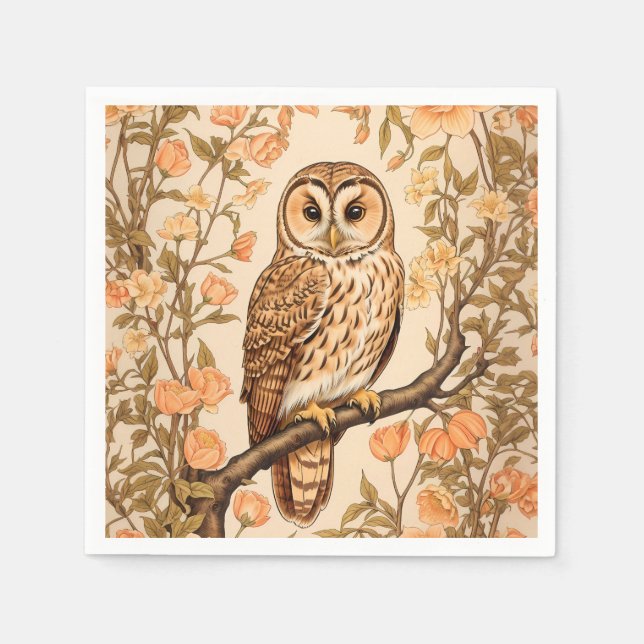 Tawny Owl Peach Blossoms William Morris Inspired Napkin (Front)