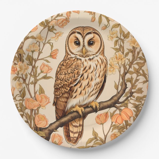 Tawny Owl Peach Blossoms William Morris Inspired Paper Plate (Front)