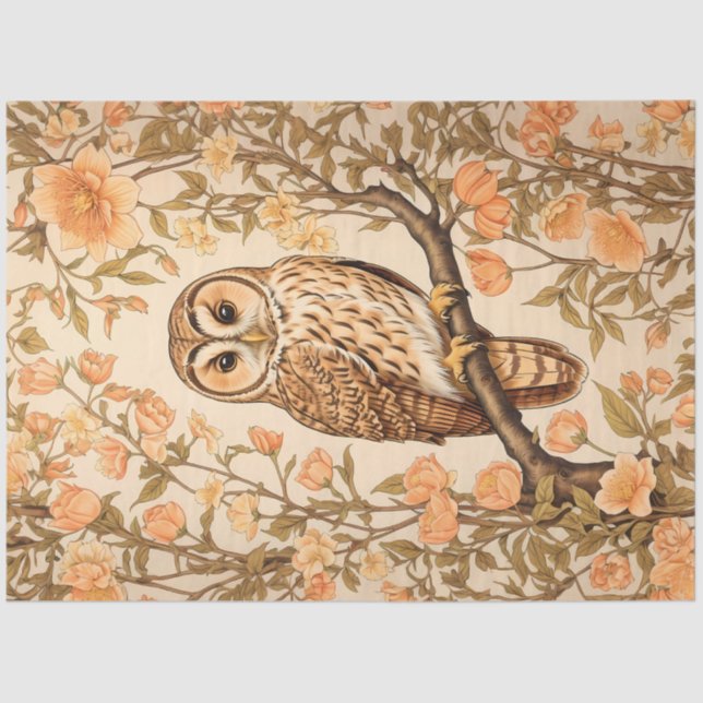 Tawny Owl Peach Blossoms William Morris Inspired Tissue Paper (Front)