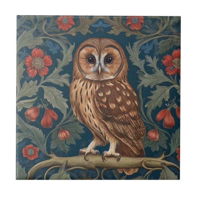 Tawny Owl William Morris style Left facing Tile (Front)