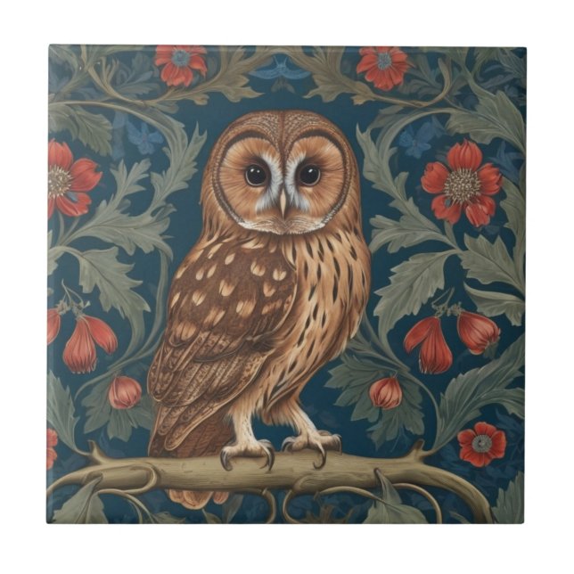 Tawny Owl William Morris style Right facing Tile (Front)