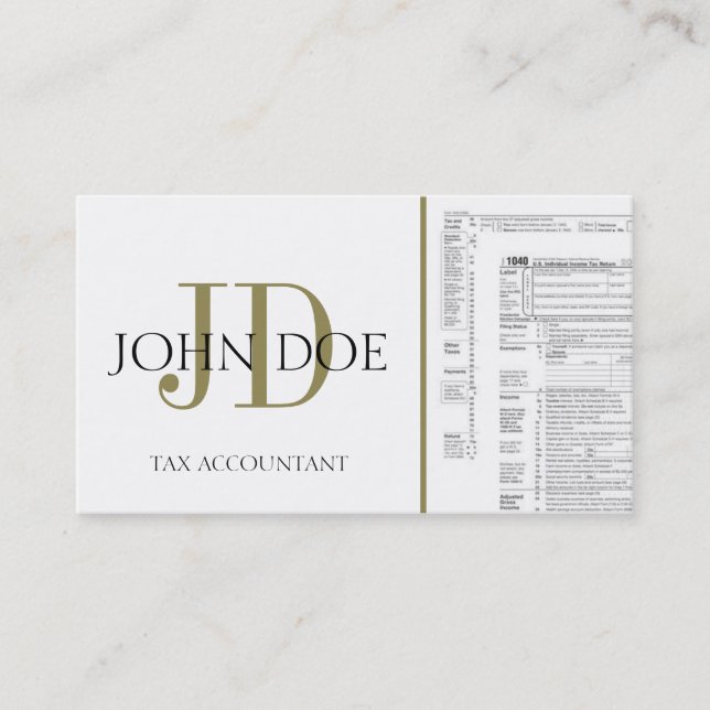Tax Accountant Monogram 1040 White/Gold Business Card (Front)