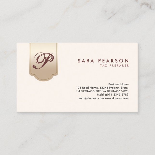 Tax Prepaper Finance Services Gold Tab Monogram Business Card (Front)